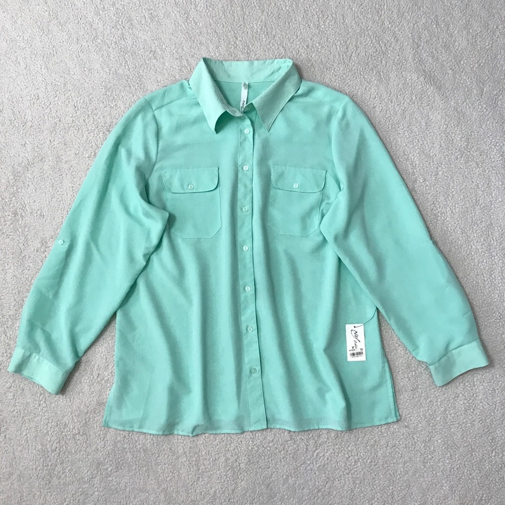 Mint Green Long Sleeve Top Button Down Blouse Pit to Pit 25" Size 2X 🚨 - Picture 2 of 13